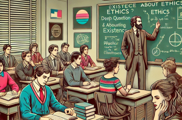 DALL·E 2024-06-27 14.26.56 - A 1980s-themed illustration of a philosophy class discussing deep questions about existence and ethics. The scene shows students in vintage attire sit