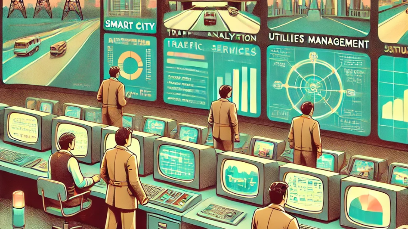 DALL·E 2024-06-27 14.37.00 - A 1980s-themed illustration of a smart city control center. The scene shows engineers in vintage attire monitoring various public services on retro co