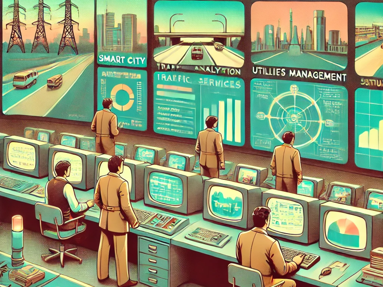 DALL·E 2024-06-27 14.37.00 - A 1980s-themed illustration of a smart city control center. The scene shows engineers in vintage attire monitoring various public services on retro co