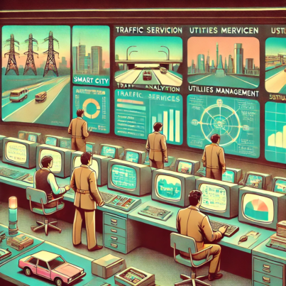 DALL·E 2024-06-27 14.37.00 - A 1980s-themed illustration of a smart city control center. The scene shows engineers in vintage attire monitoring various public services on retro co