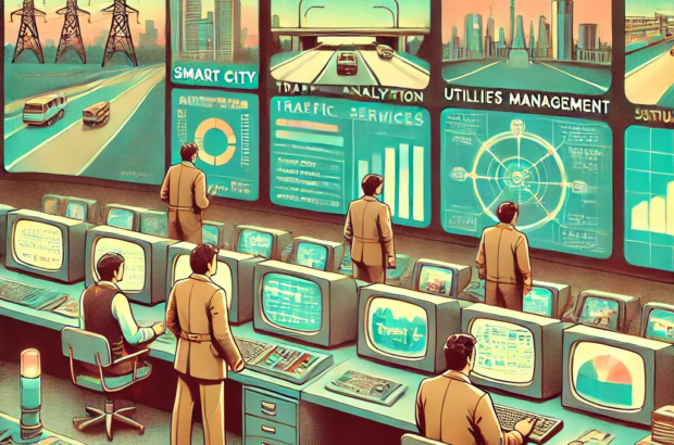 DALL·E 2024-06-27 14.37.00 - A 1980s-themed illustration of a smart city control center. The scene shows engineers in vintage attire monitoring various public services on retro co