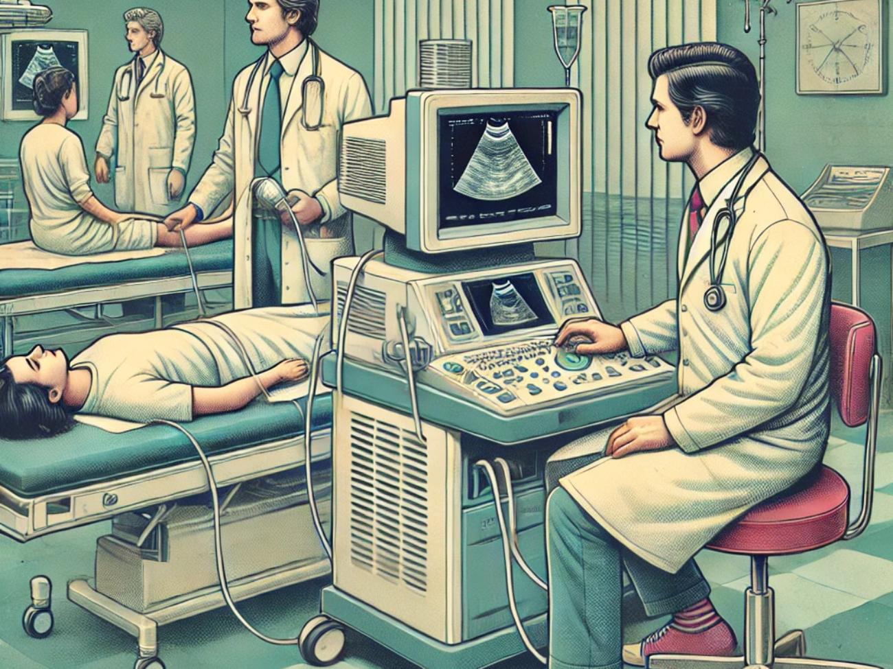 DALL·E 2024-06-27 14.49.27 - A 1980s-themed illustration of a hospital room with doctors and technicians using portable imaging devices. The scene shows medical professionals in v