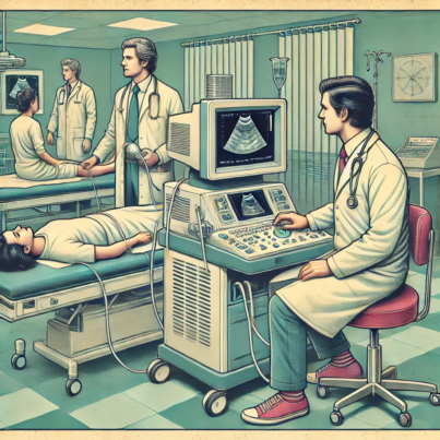 DALL·E 2024-06-27 14.49.27 - A 1980s-themed illustration of a hospital room with doctors and technicians using portable imaging devices. The scene shows medical professionals in v