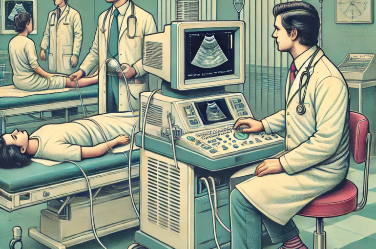 DALL·E 2024-06-27 14.49.27 - A 1980s-themed illustration of a hospital room with doctors and technicians using portable imaging devices. The scene shows medical professionals in v