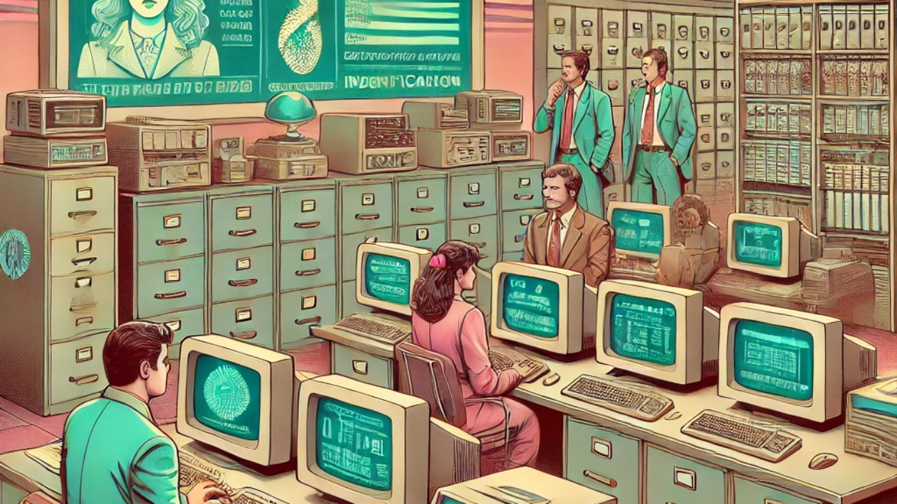 DALL·E 2024-06-27 15.14.11 - A 1980s-themed illustration of a futuristic government office. The scene shows officials in vintage attire using retro computers and early biometric d