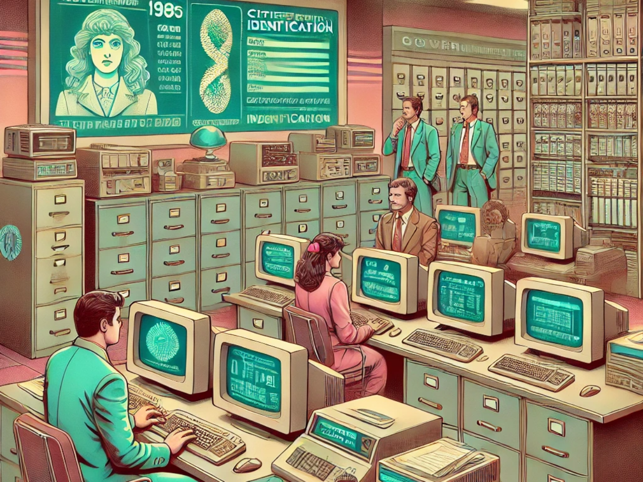 DALL·E 2024-06-27 15.14.11 - A 1980s-themed illustration of a futuristic government office. The scene shows officials in vintage attire using retro computers and early biometric d