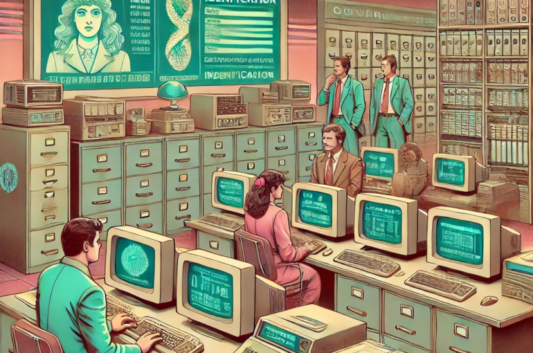 DALL·E 2024-06-27 15.14.11 - A 1980s-themed illustration of a futuristic government office. The scene shows officials in vintage attire using retro computers and early biometric d