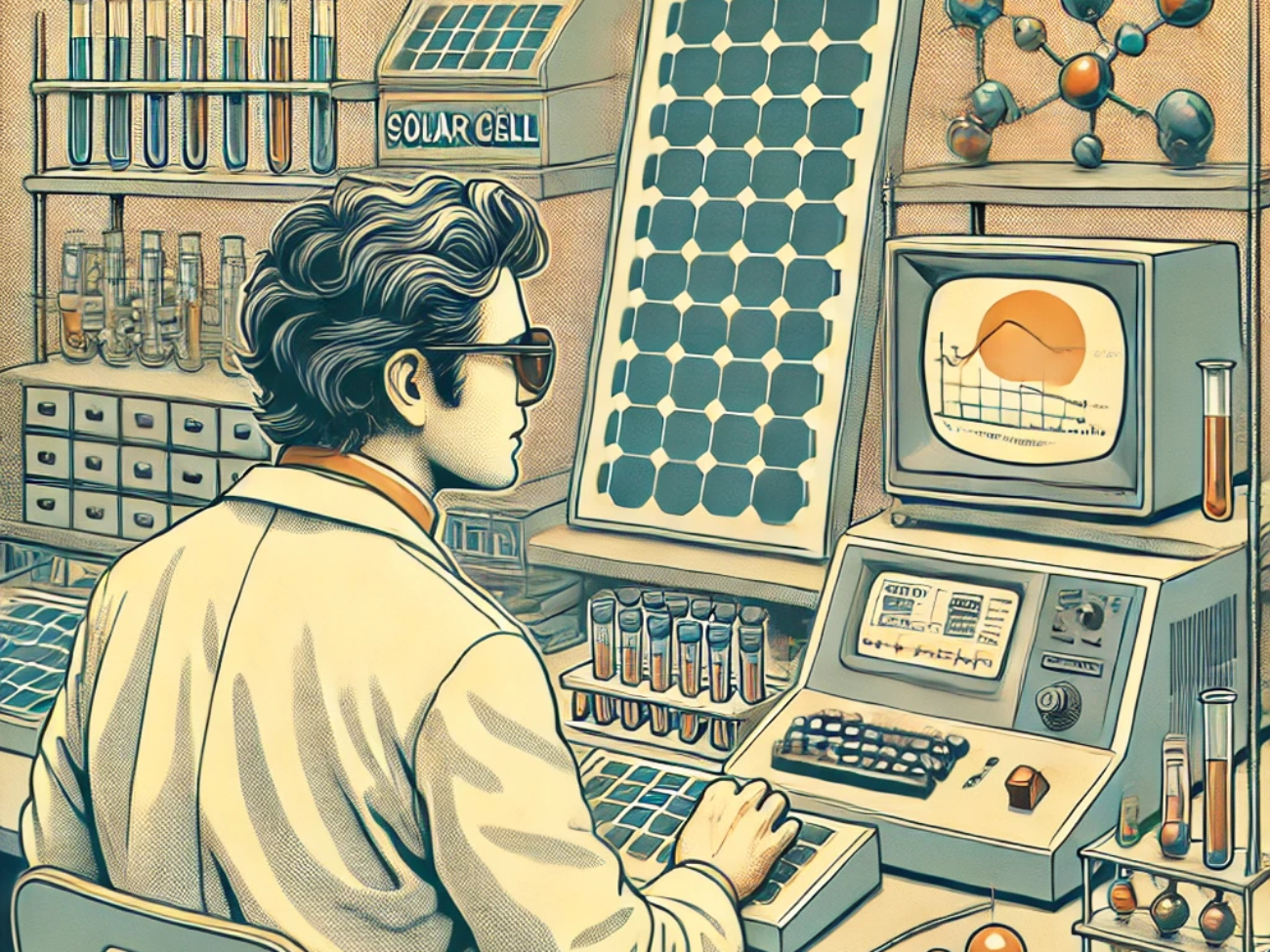 DALL·E 2024-06-27 15.22.03 - A 1980s-themed illustration of a scientist in a lab coat working with early solar cell technology. The scene shows the scientist using vintage equipme