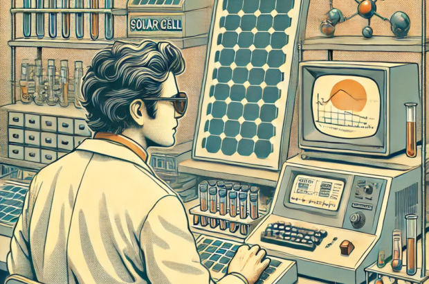 DALL·E 2024-06-27 15.22.03 - A 1980s-themed illustration of a scientist in a lab coat working with early solar cell technology. The scene shows the scientist using vintage equipme