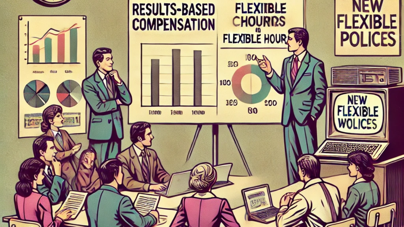 DALL·E 2024-06-27 15.33.03 - A 1980s-themed illustration of a workplace meeting discussing new flexible work policies. The scene shows managers in vintage attire presenting charts