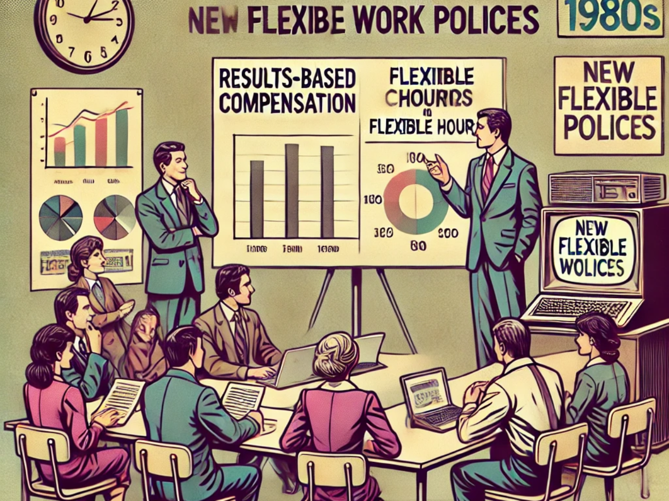 DALL·E 2024-06-27 15.33.03 - A 1980s-themed illustration of a workplace meeting discussing new flexible work policies. The scene shows managers in vintage attire presenting charts