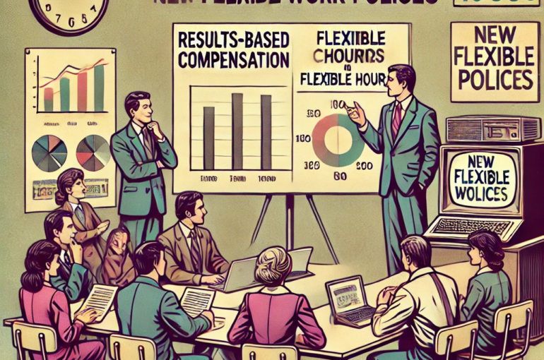 DALL·E 2024-06-27 15.33.03 - A 1980s-themed illustration of a workplace meeting discussing new flexible work policies. The scene shows managers in vintage attire presenting charts