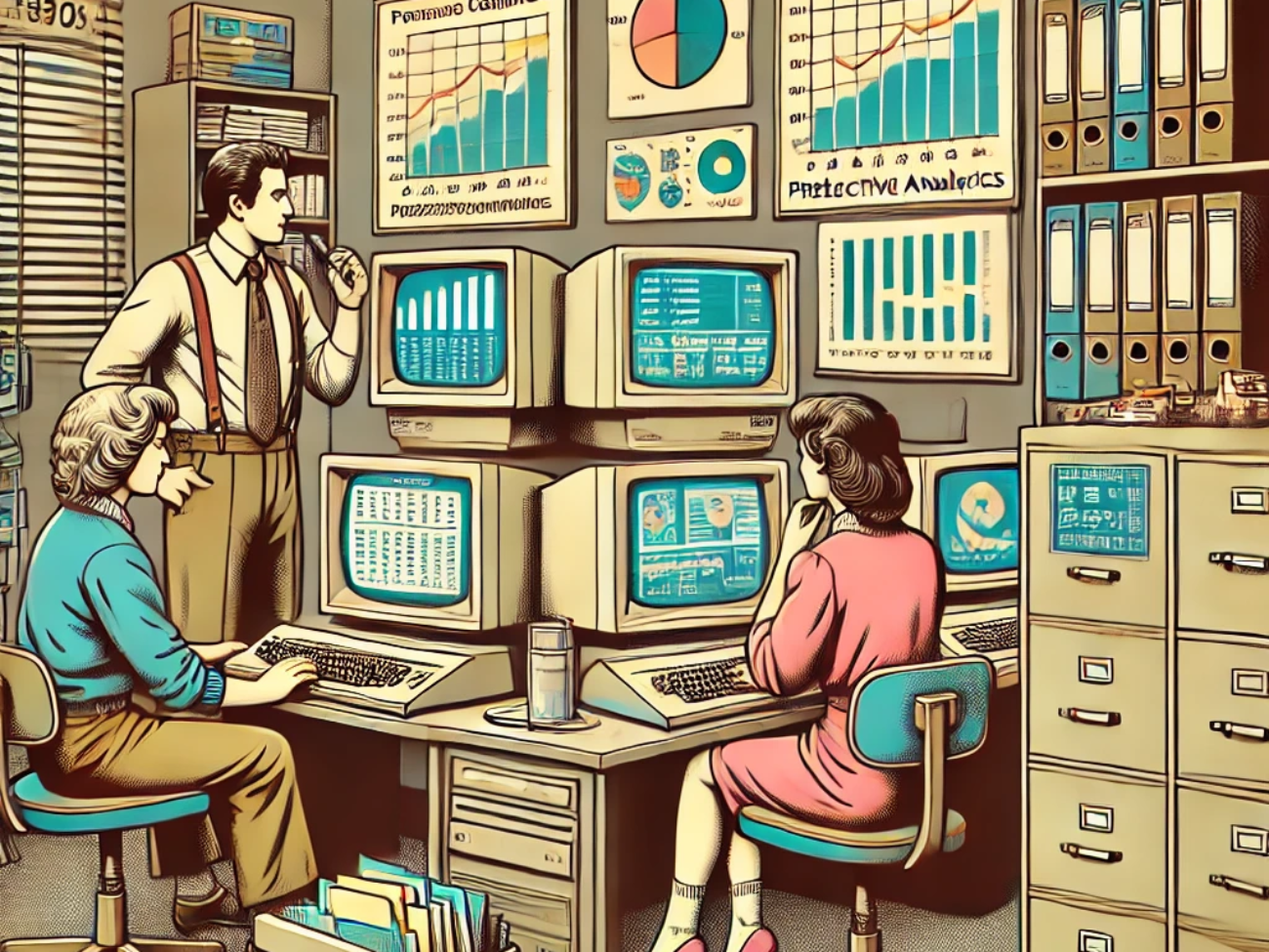 DALL·E 2024-06-27 16.07.44 - A 1980s-themed illustration of a small business office with vintage computers and early data analytics tools. The scene shows employees in vintage att