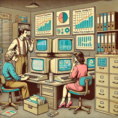 DALL·E 2024-06-27 16.07.44 - A 1980s-themed illustration of a small business office with vintage computers and early data analytics tools. The scene shows employees in vintage att