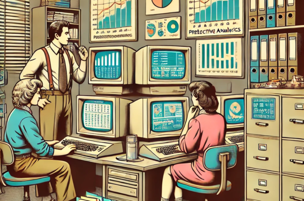 DALL·E 2024-06-27 16.07.44 - A 1980s-themed illustration of a small business office with vintage computers and early data analytics tools. The scene shows employees in vintage att