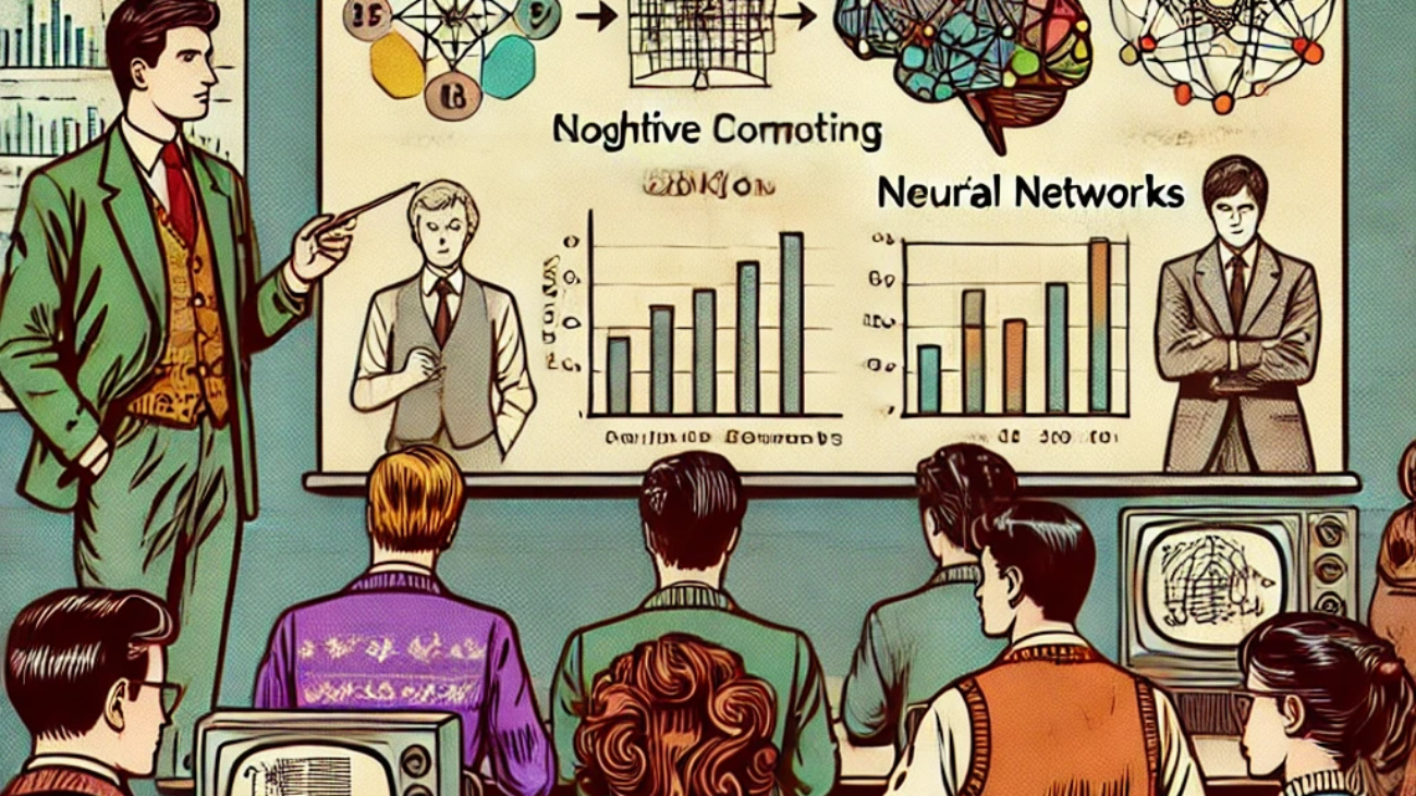 DALL·E 2024-06-27 16.28.50 - A 1980s-themed illustration of a university lecture on human-inspired analytics. The scene shows students in vintage attire taking notes while a profe