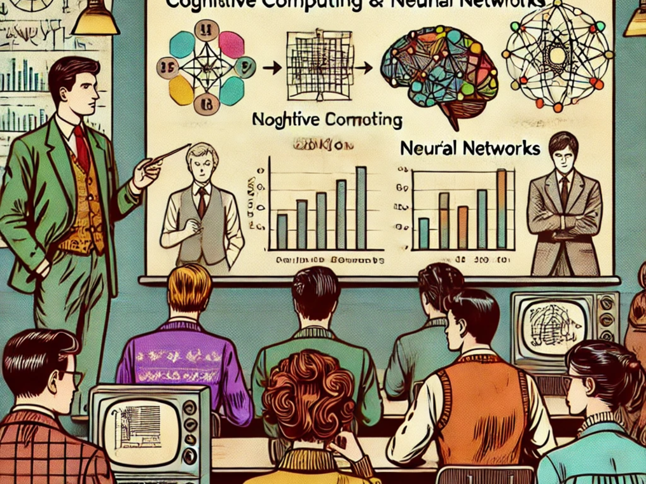 DALL·E 2024-06-27 16.28.50 - A 1980s-themed illustration of a university lecture on human-inspired analytics. The scene shows students in vintage attire taking notes while a profe