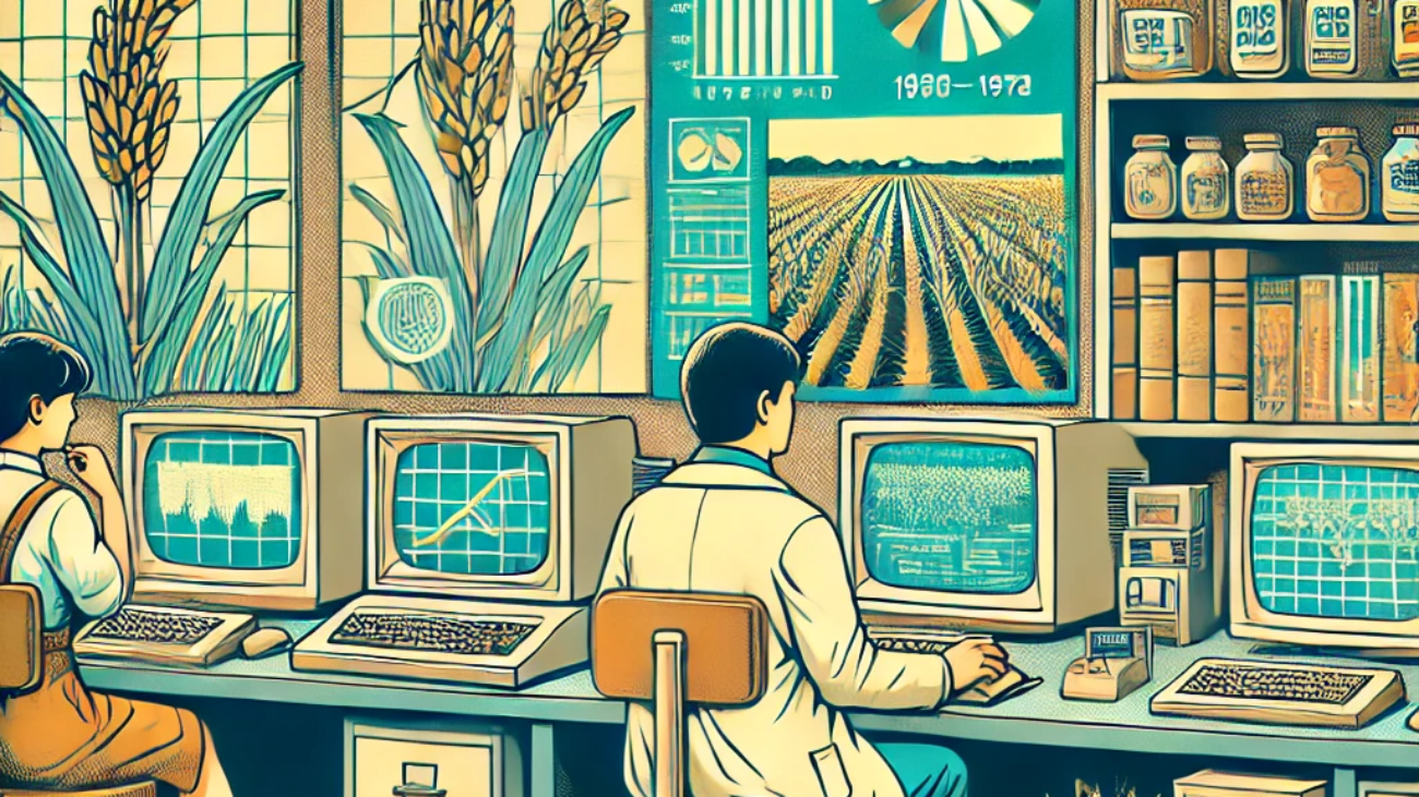 DALL·E 2024-06-27 16.37.32 - A 1980s-themed illustration of an agricultural research lab. The scene shows scientists in vintage attire analyzing rice crop data on retro computer s