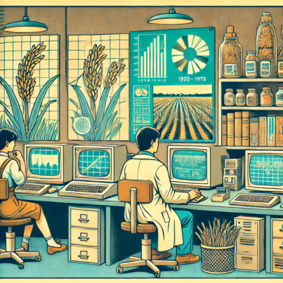 DALL·E 2024-06-27 16.37.32 - A 1980s-themed illustration of an agricultural research lab. The scene shows scientists in vintage attire analyzing rice crop data on retro computer s