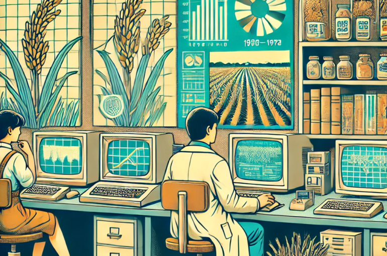 DALL·E 2024-06-27 16.37.32 - A 1980s-themed illustration of an agricultural research lab. The scene shows scientists in vintage attire analyzing rice crop data on retro computer s