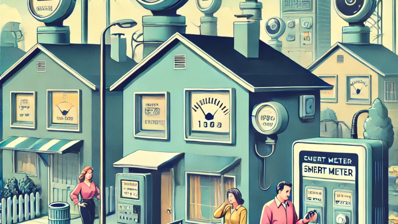 DALL·E 2024-06-27 17.29.11 - A 1980s-themed illustration of a residential area in a smart city with vintage IoT devices. The scene shows houses equipped with retro smart meters fo