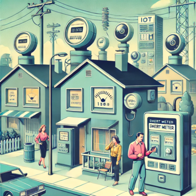 DALL·E 2024-06-27 17.29.11 - A 1980s-themed illustration of a residential area in a smart city with vintage IoT devices. The scene shows houses equipped with retro smart meters fo