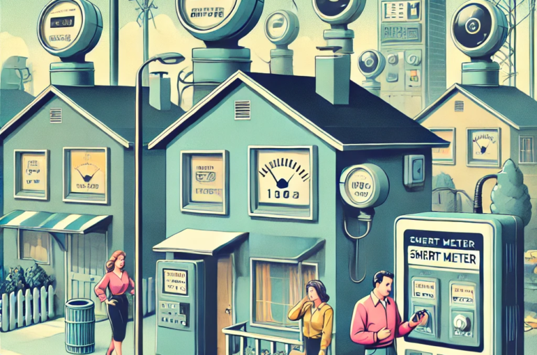 DALL·E 2024-06-27 17.29.11 - A 1980s-themed illustration of a residential area in a smart city with vintage IoT devices. The scene shows houses equipped with retro smart meters fo