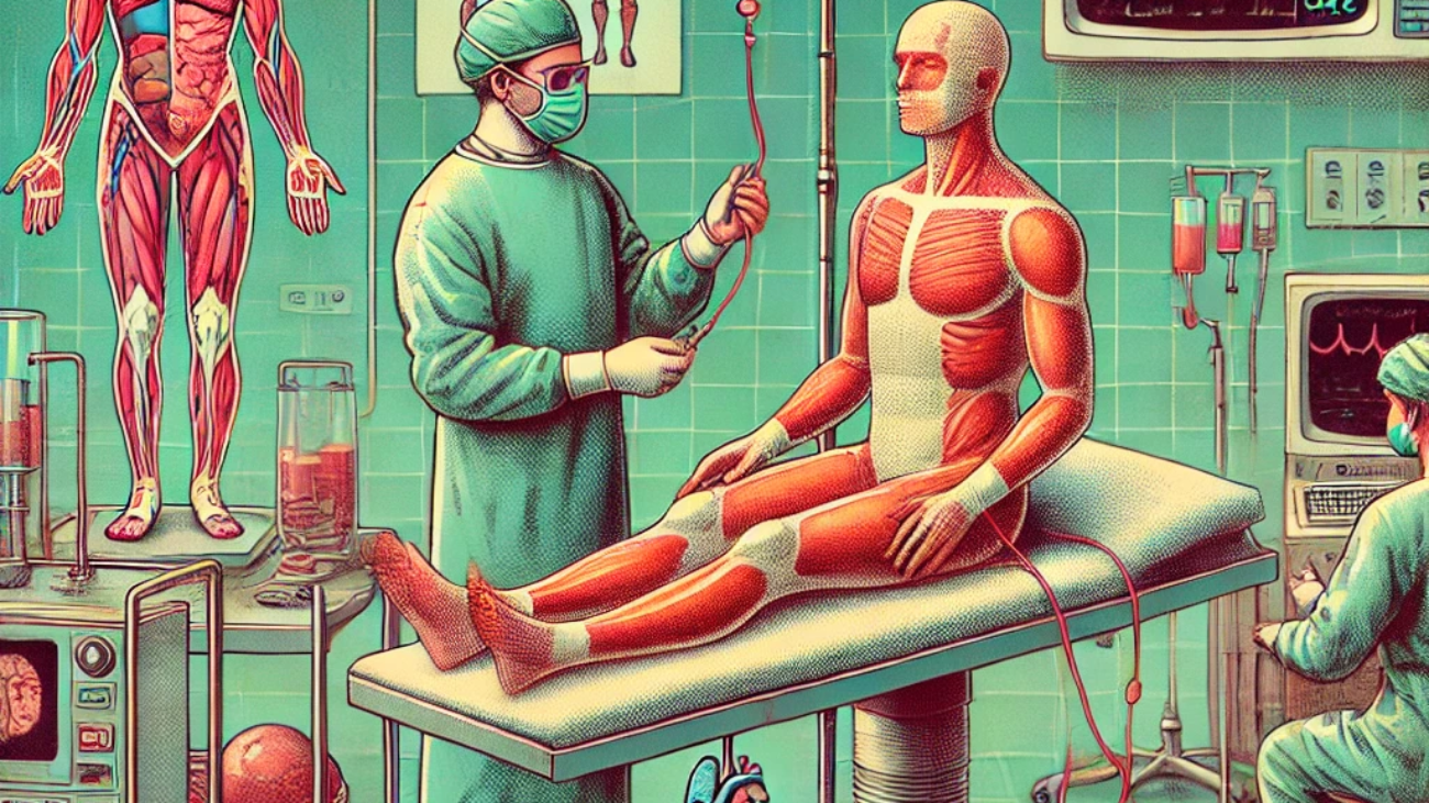 DALL·E 2024-06-27 17.36.09 - A 1980s-themed illustration of a medical facility where bioprinted body parts are being prepared for transplantation. The scene shows doctors and tech