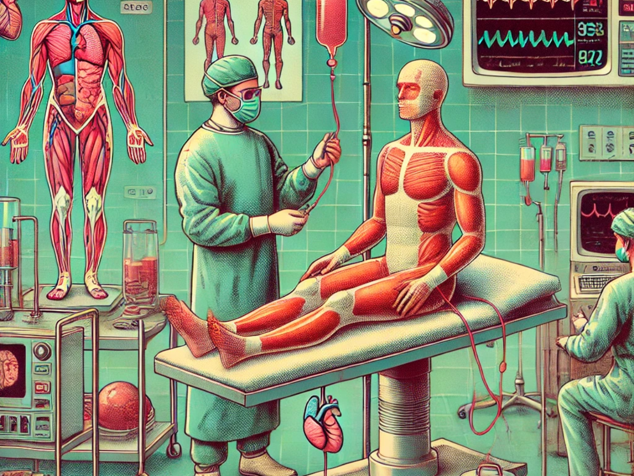 DALL·E 2024-06-27 17.36.09 - A 1980s-themed illustration of a medical facility where bioprinted body parts are being prepared for transplantation. The scene shows doctors and tech