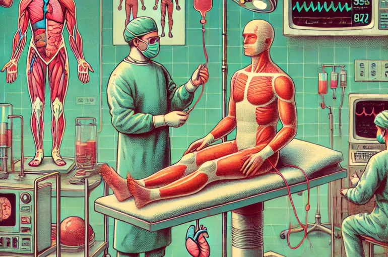 DALL·E 2024-06-27 17.36.09 - A 1980s-themed illustration of a medical facility where bioprinted body parts are being prepared for transplantation. The scene shows doctors and tech