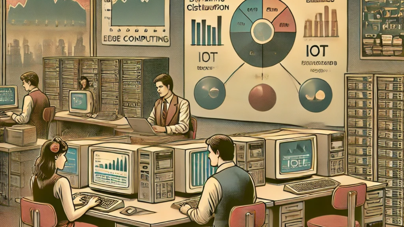 DALL·E 2024-06-27 17.47.27 - A 1980s-themed illustration of an office environment focused on edge computing for dynamic resource allocation. The scene shows employees in vintage a