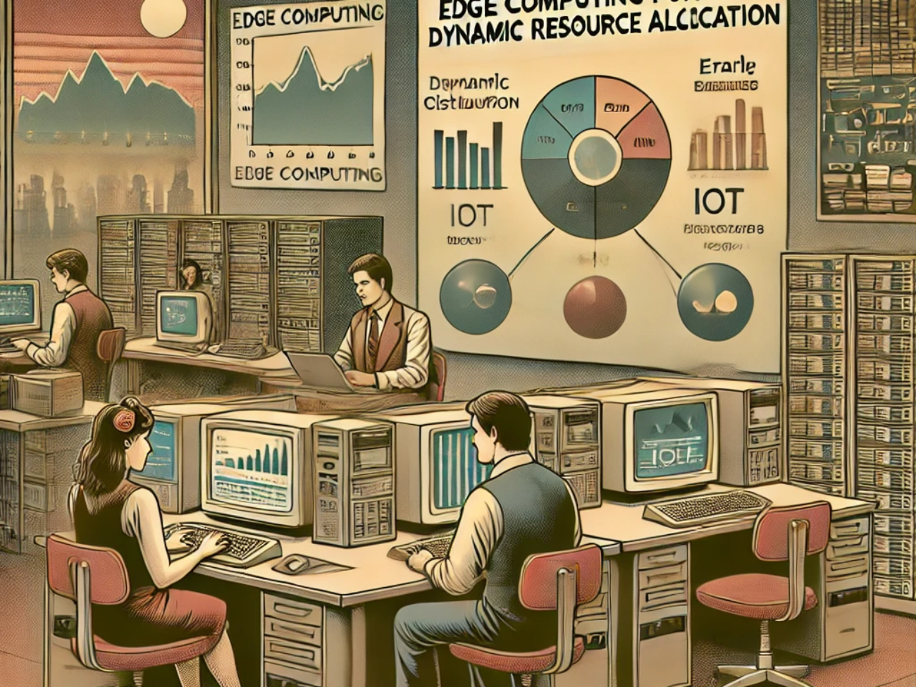 DALL·E 2024-06-27 17.47.27 - A 1980s-themed illustration of an office environment focused on edge computing for dynamic resource allocation. The scene shows employees in vintage a