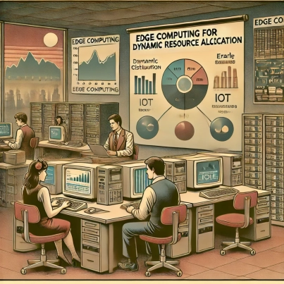 DALL·E 2024-06-27 17.47.27 - A 1980s-themed illustration of an office environment focused on edge computing for dynamic resource allocation. The scene shows employees in vintage a