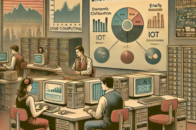 DALL·E 2024-06-27 17.47.27 - A 1980s-themed illustration of an office environment focused on edge computing for dynamic resource allocation. The scene shows employees in vintage a