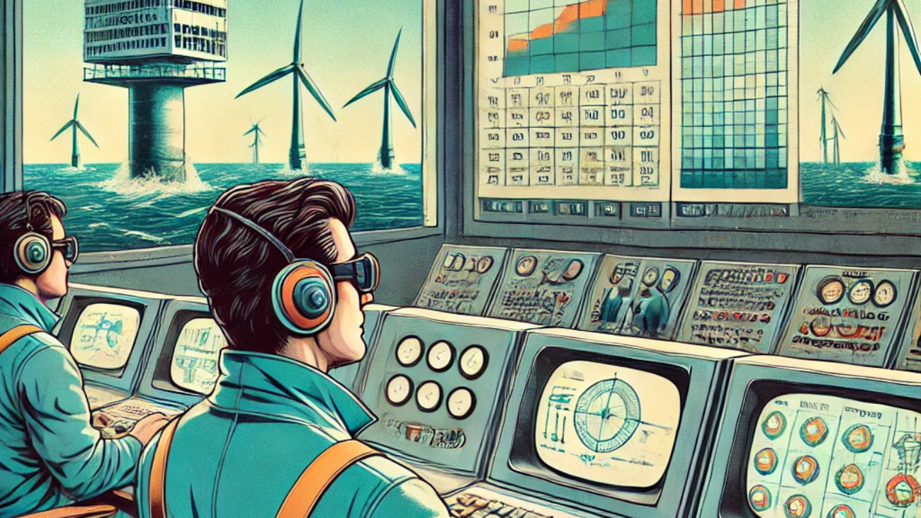 DALL·E 2024-06-27 17.55.45 - A 1980s-themed illustration of a control room for monitoring tidal energy generation. The scene shows engineers in vintage attire using retro computer