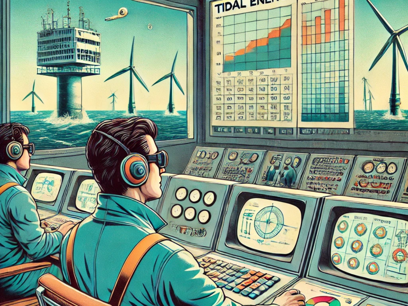 DALL·E 2024-06-27 17.55.45 - A 1980s-themed illustration of a control room for monitoring tidal energy generation. The scene shows engineers in vintage attire using retro computer