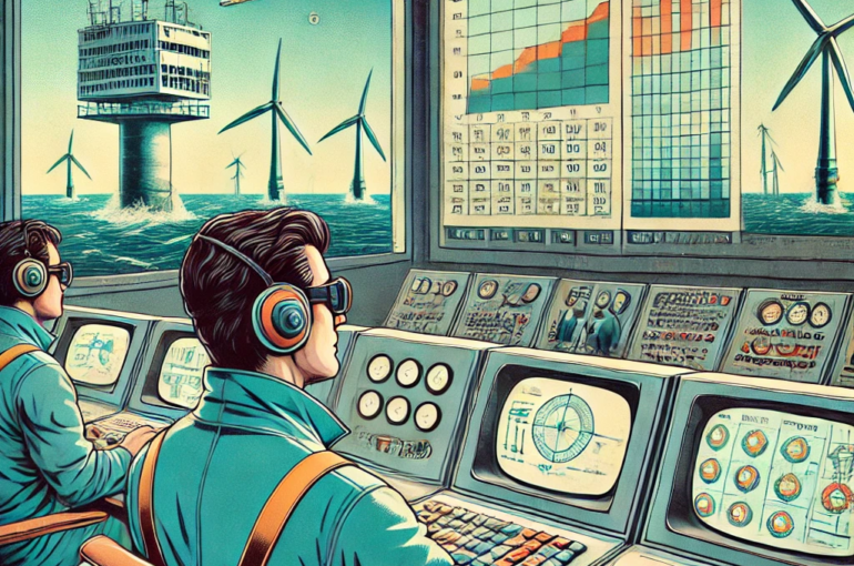 DALL·E 2024-06-27 17.55.45 - A 1980s-themed illustration of a control room for monitoring tidal energy generation. The scene shows engineers in vintage attire using retro computer