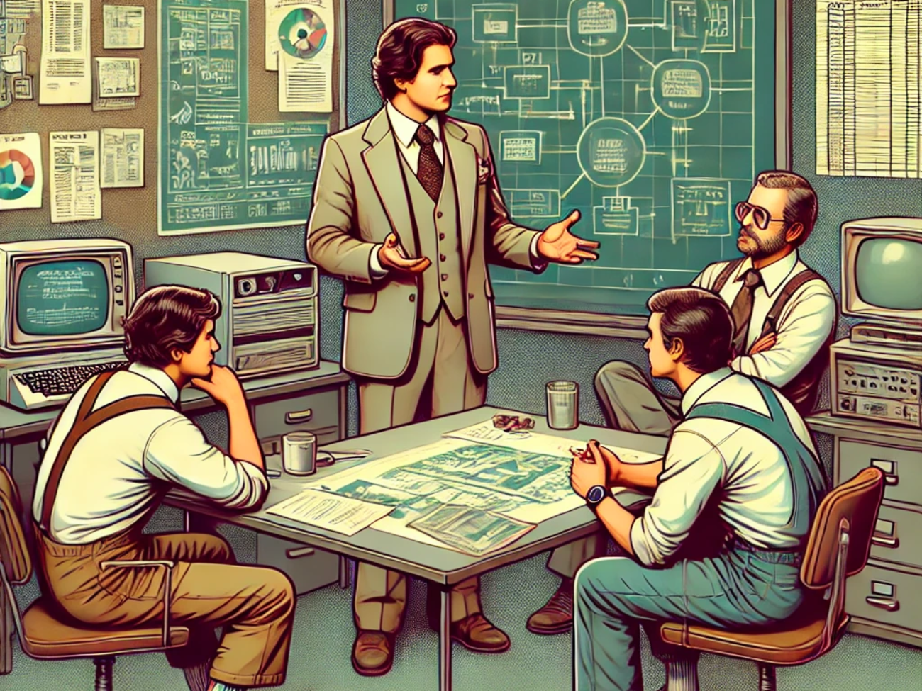 DALL·E 2024-06-27 18.03.40 - A 1980s-themed illustration of a middle manager resolving a conflict between technical team members. The scene shows the middle manager in vintage att