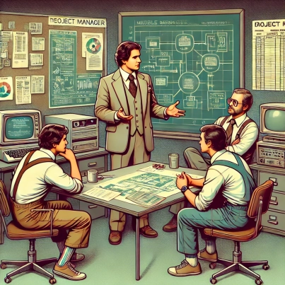 DALL·E 2024-06-27 18.03.40 - A 1980s-themed illustration of a middle manager resolving a conflict between technical team members. The scene shows the middle manager in vintage att