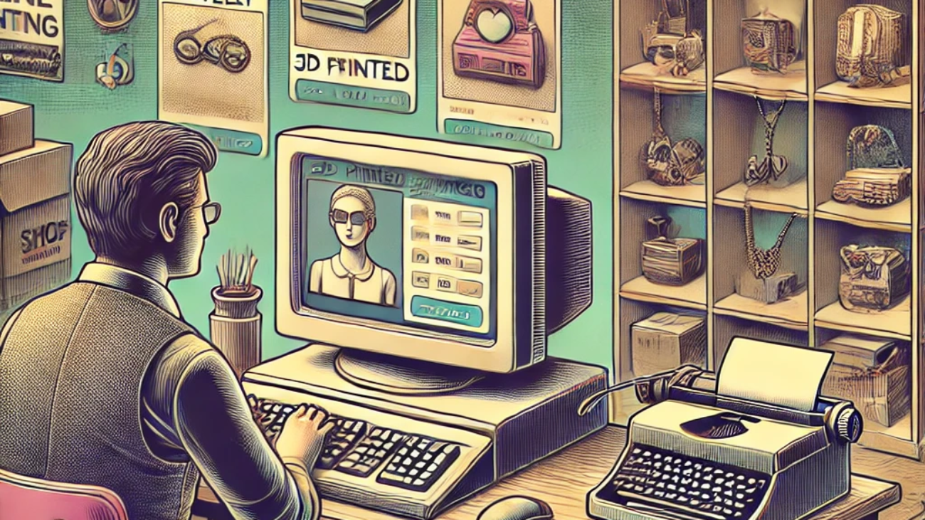 DALL·E 2024-06-27 18.15.35 - A 1980s-themed illustration of an online shop setup for a small enterprise using 3D printing. The scene shows a person in vintage attire working on a