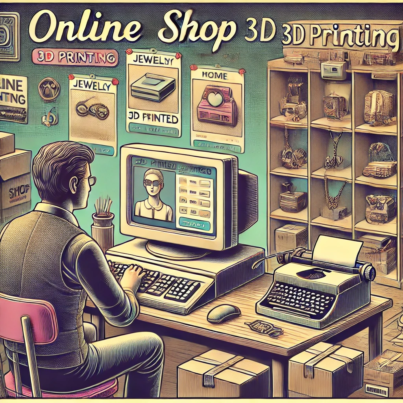 DALL·E 2024-06-27 18.15.35 - A 1980s-themed illustration of an online shop setup for a small enterprise using 3D printing. The scene shows a person in vintage attire working on a