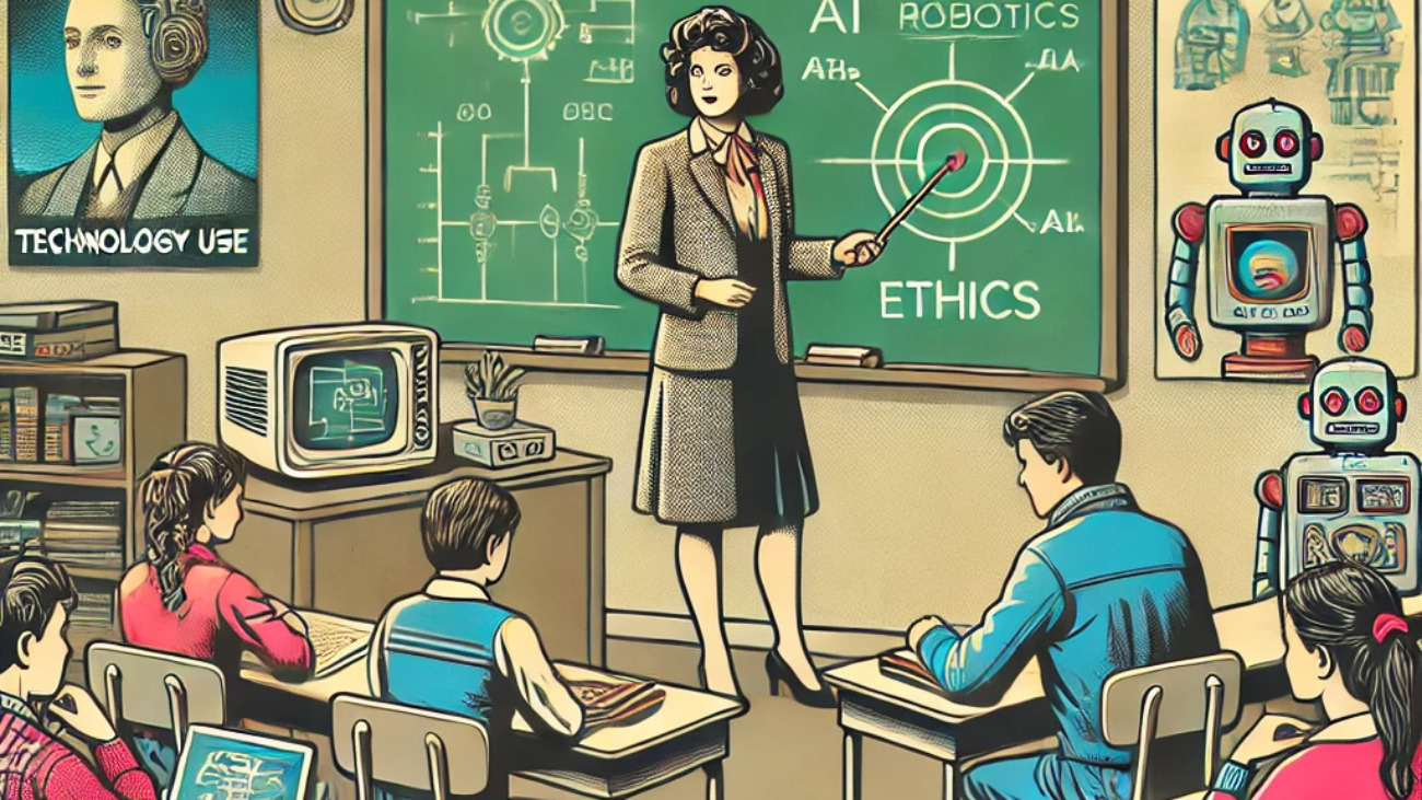 DALL·E 2024-06-27 18.26.35 - A 1980s-themed illustration of a classroom where students are learning about ethics in AI and robotics. The scene shows a teacher in vintage attire us