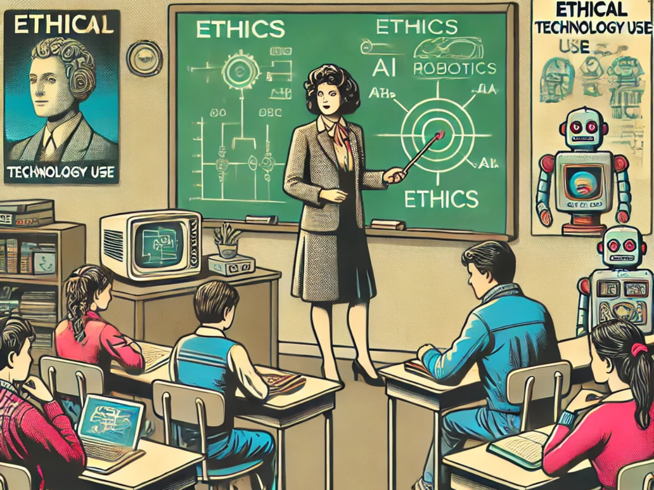 DALL·E 2024-06-27 18.26.35 - A 1980s-themed illustration of a classroom where students are learning about ethics in AI and robotics. The scene shows a teacher in vintage attire us