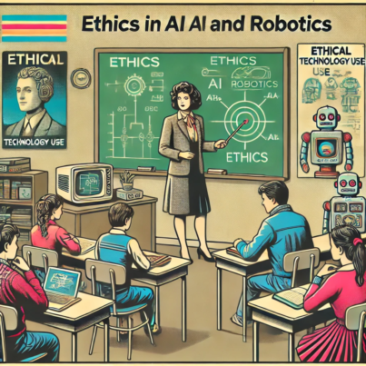 DALL·E 2024-06-27 18.26.35 - A 1980s-themed illustration of a classroom where students are learning about ethics in AI and robotics. The scene shows a teacher in vintage attire us