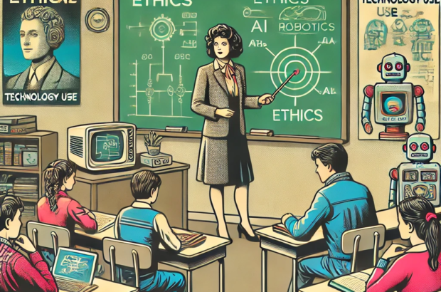 DALL·E 2024-06-27 18.26.35 - A 1980s-themed illustration of a classroom where students are learning about ethics in AI and robotics. The scene shows a teacher in vintage attire us