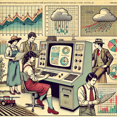 DALL·E 2024-06-27 18.40.26 - A 1980s-themed illustration of farmers using early computer systems to access weather forecasts. The scene shows farmers in vintage attire gathered ar