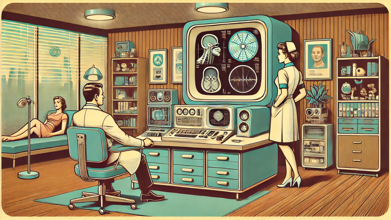 DALL·E 2024-06-28 09.55.00 - A 1960s style illustration showing a futuristic doctor's office with a vintage computer and medical equipment. The computer is displaying diagnostic i