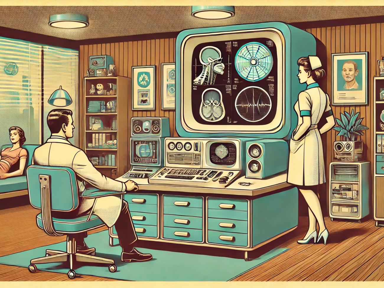 DALL·E 2024-06-28 09.55.00 - A 1960s style illustration showing a futuristic doctor's office with a vintage computer and medical equipment. The computer is displaying diagnostic i