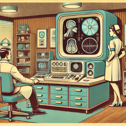 DALL·E 2024-06-28 09.55.00 - A 1960s style illustration showing a futuristic doctor's office with a vintage computer and medical equipment. The computer is displaying diagnostic i
