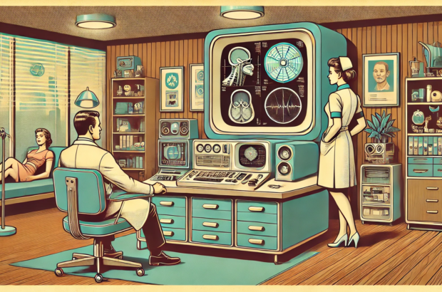 DALL·E 2024-06-28 09.55.00 - A 1960s style illustration showing a futuristic doctor's office with a vintage computer and medical equipment. The computer is displaying diagnostic i